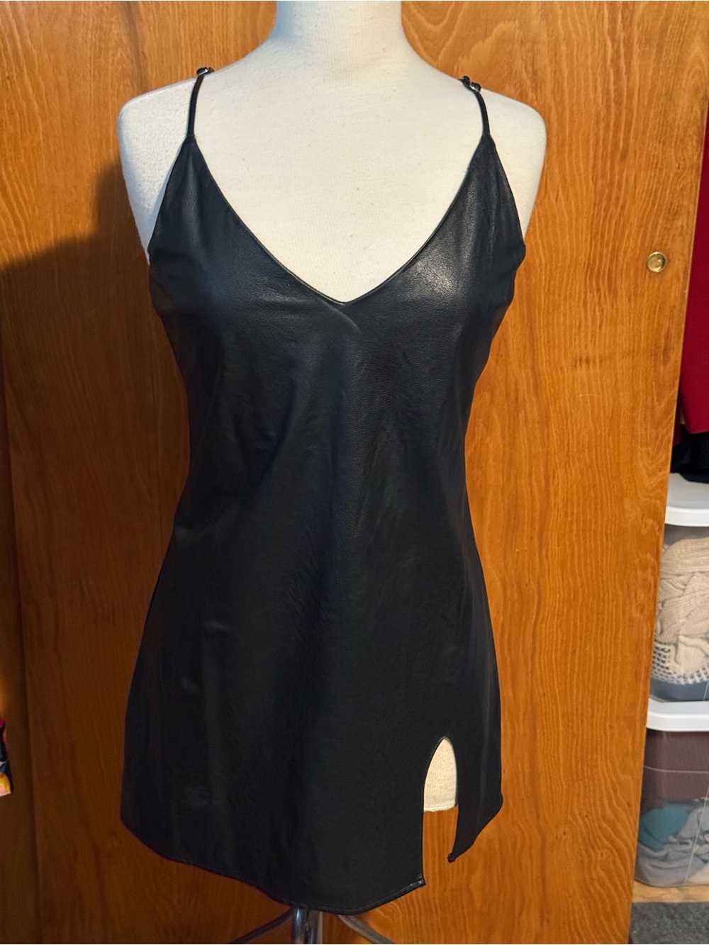 Skylar + Madison Black Faux Leather Slip Dress with V-Neck and Side Slit